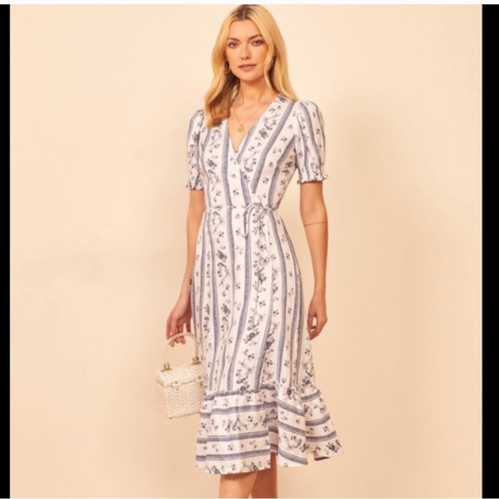 NWOT Reformation Veronika Wrap Dress Roquefort Print 100% Linen Sz 4
